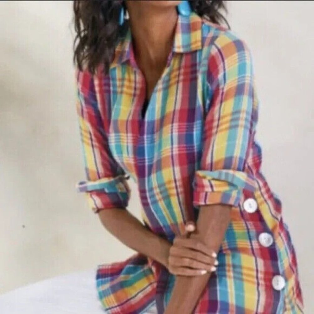 Soft Surroundings Kona Shore Plaid Gauze Button Front Shirt Multi S